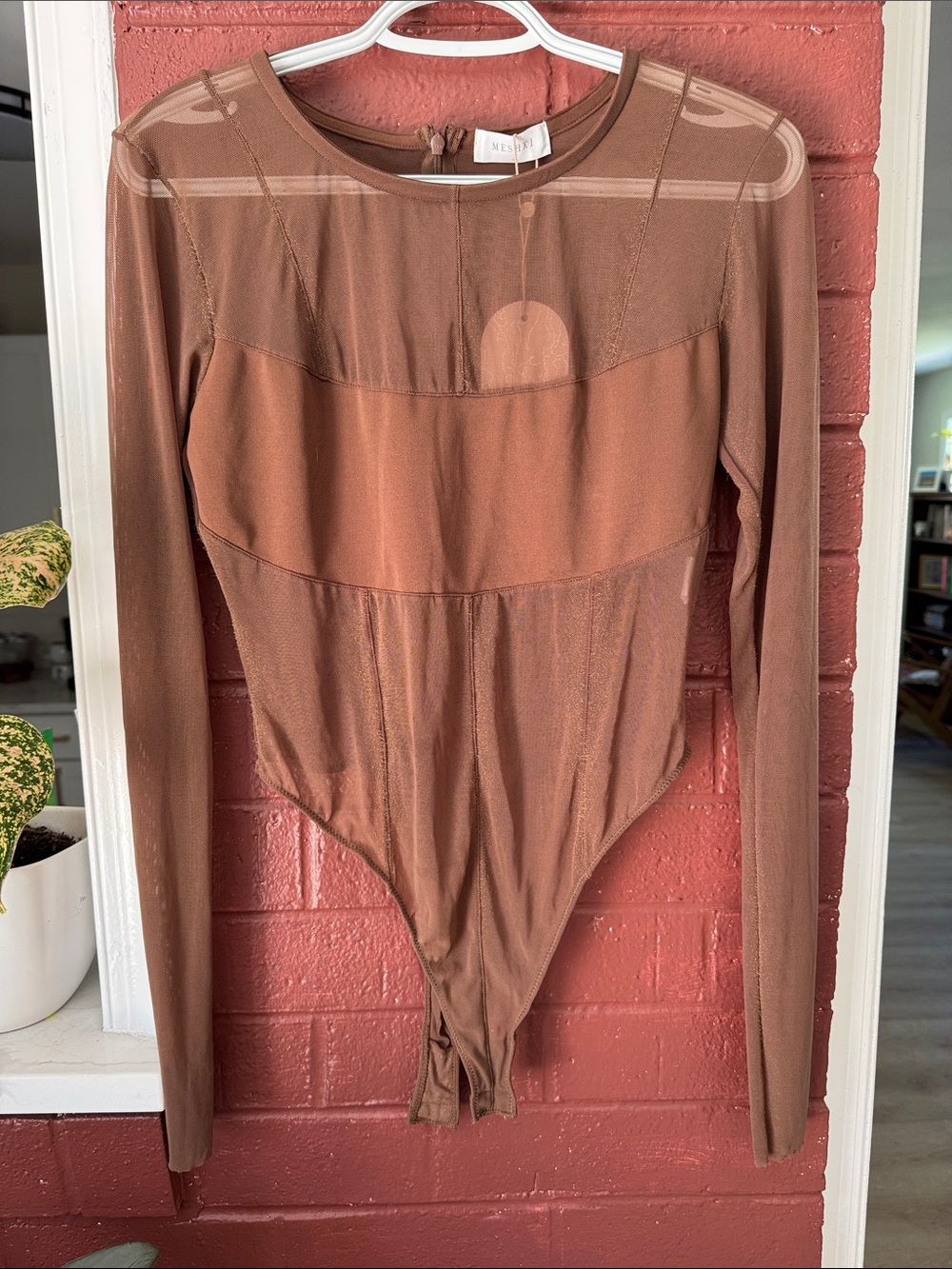 Meshki NWT Chocolate Tarna Long Sleeve Mesh Bodysuit L